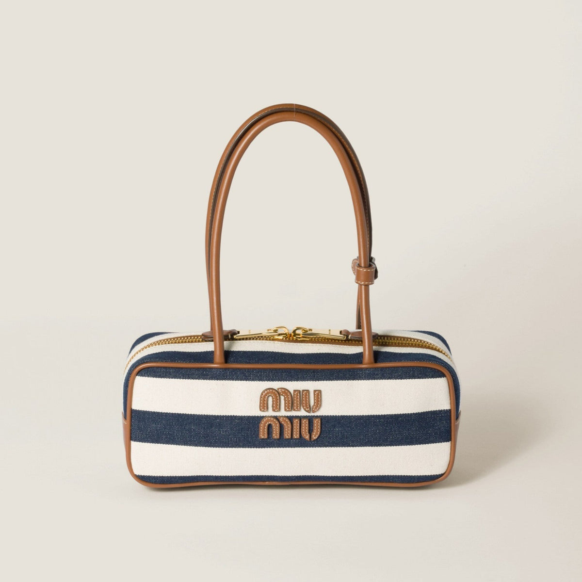 MiuMiu Beau Women's Embroidered Logo Print Striped Canvas And Calfskin Handbag Shoulder Bag Bags #77932