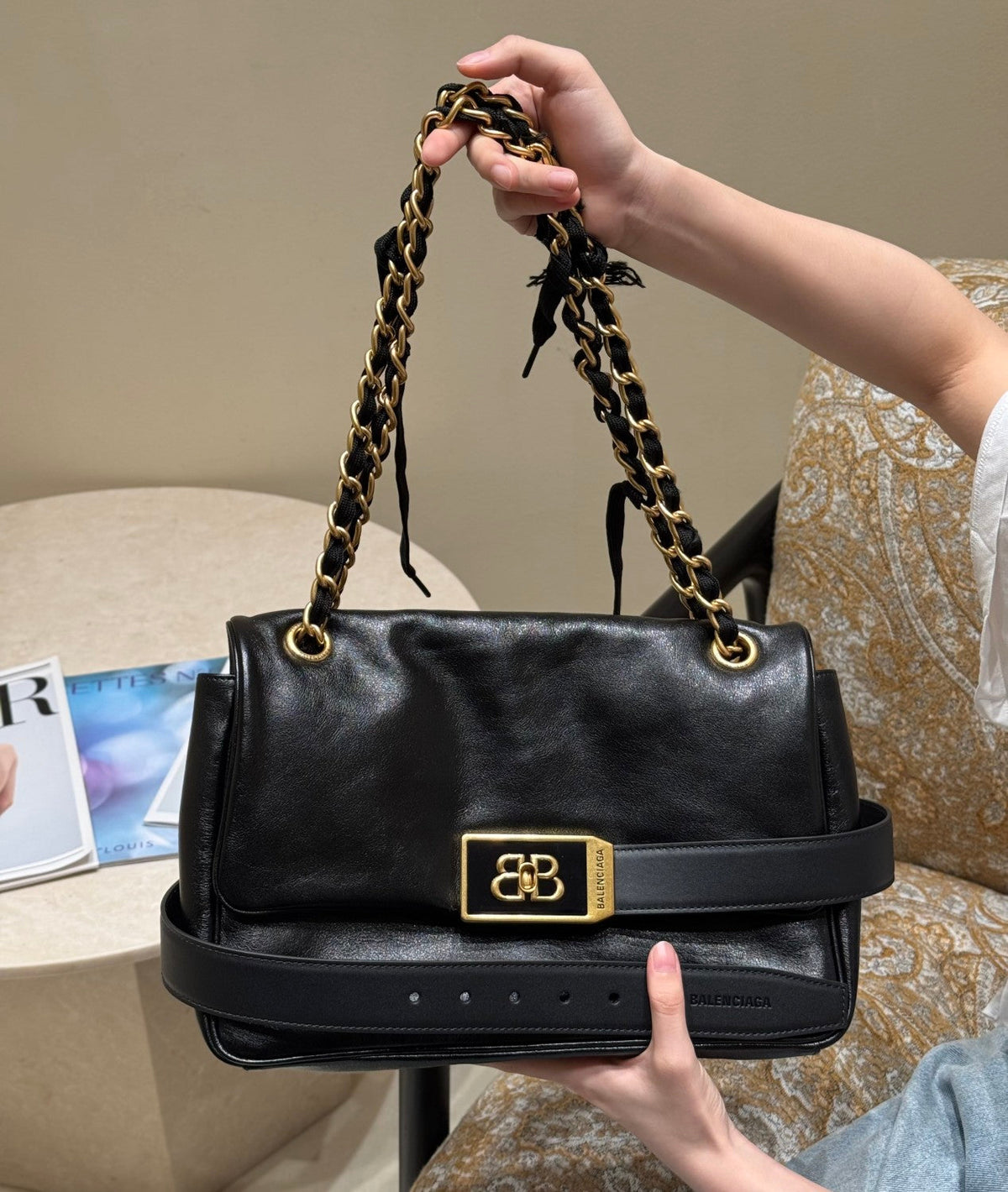 Balenciaga MODU Women's Solid Color Brand Logo Chain Decorated Cowhide Shoulder Bag Handbag Bags #78124